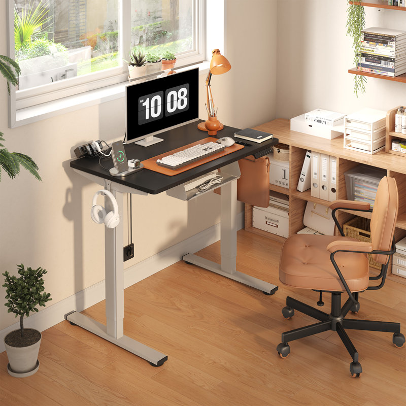 Home Office Height Adjustable Standing Desk With Built-in Power Outlet, Black/Gray