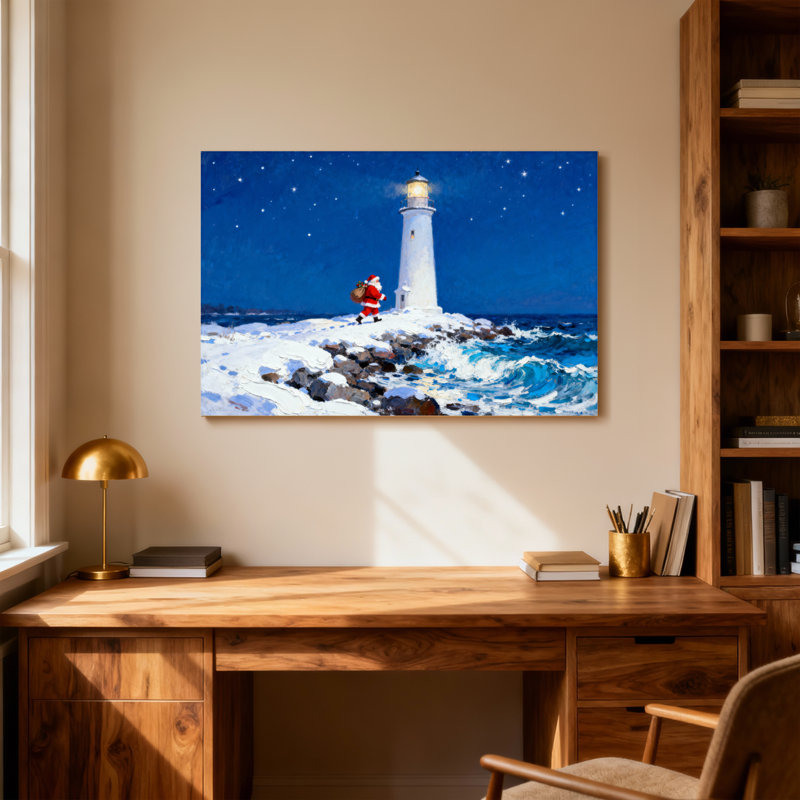 Noël père Noël près du phare la nuit, H 20 po x l 30 po