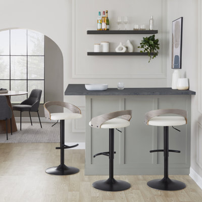 Adjustable Barstool In Black Metal, Light Grey Wood, And White Faux Leather With Rounded T Footrest - Set Of 2