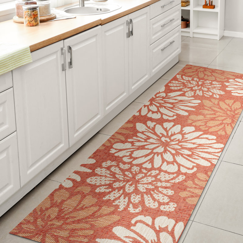 Tapis intérieur / extérieur à motif floral texturé orange / crème Zinnia, Tapis de couloir 2 pi 2 po x 10 pi