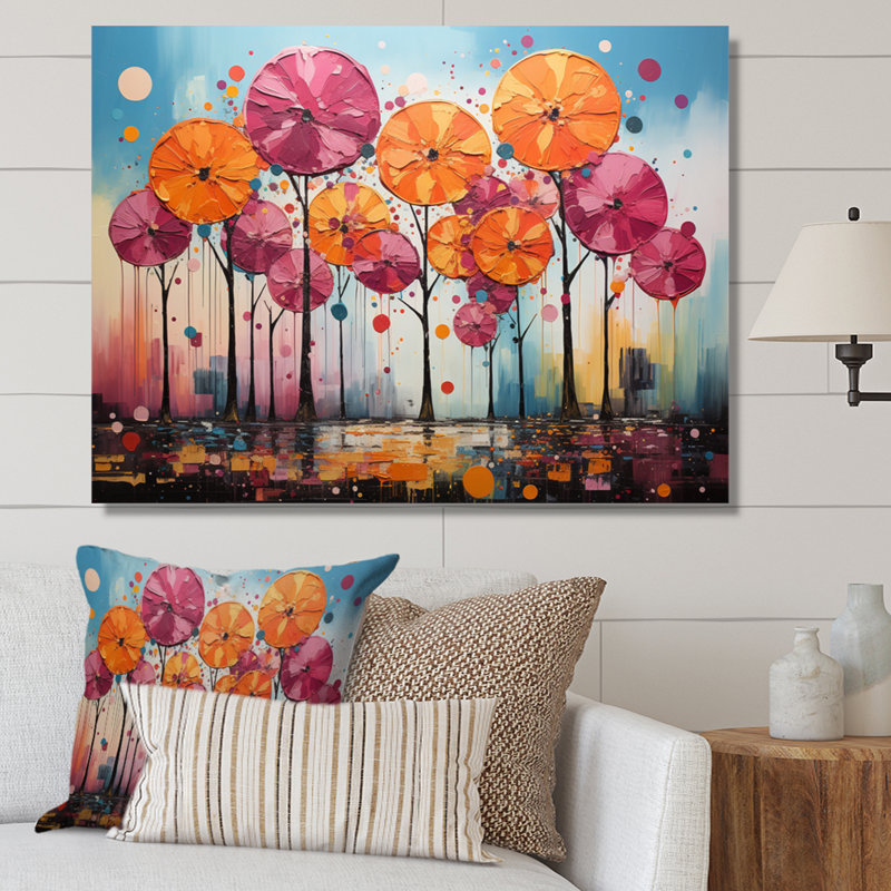Palmiers orange et roses abstraits IV - impression, H 24 po x l 32 po x P 1 po, Toile tendue