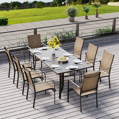 9 Piece Patio Dining Set, Outdoor Dining Table And Chairs Set For 8, 8 Textilene Chairs, 1 Iron Rectangular Table With Adjustable Umbrella Hole, Patio by EROMMY