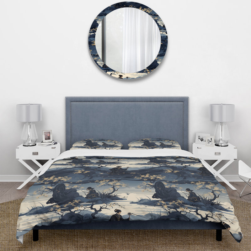 Literie de silhouettes de Samouraï bleu du Japon, Housse de couette simple + 1 taie décorative stan