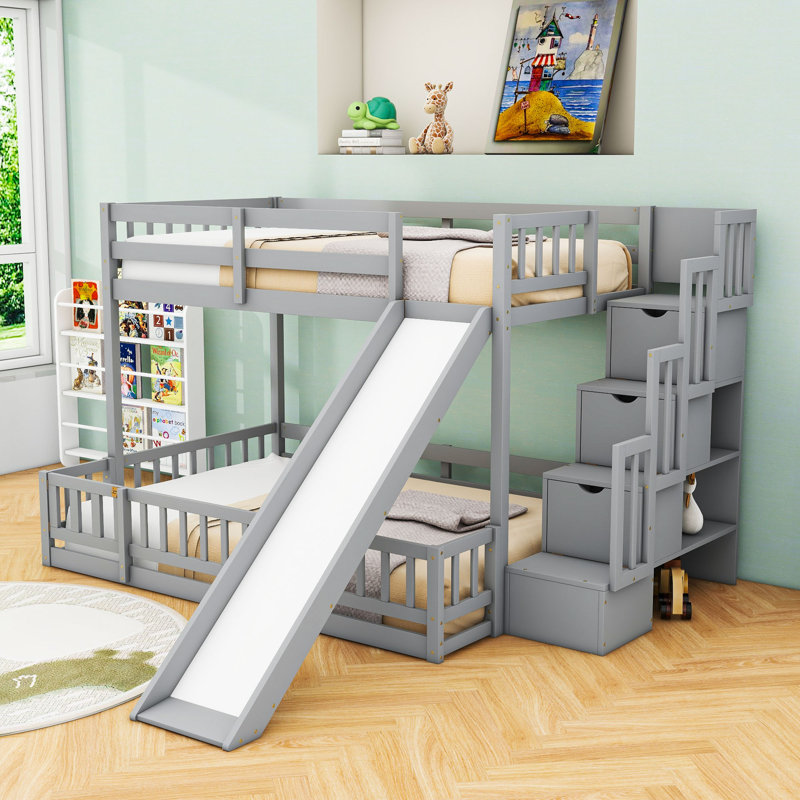 Twin Over Full Wood Bunk Bed With Slide, Storage Stair And Guardrails, Gray