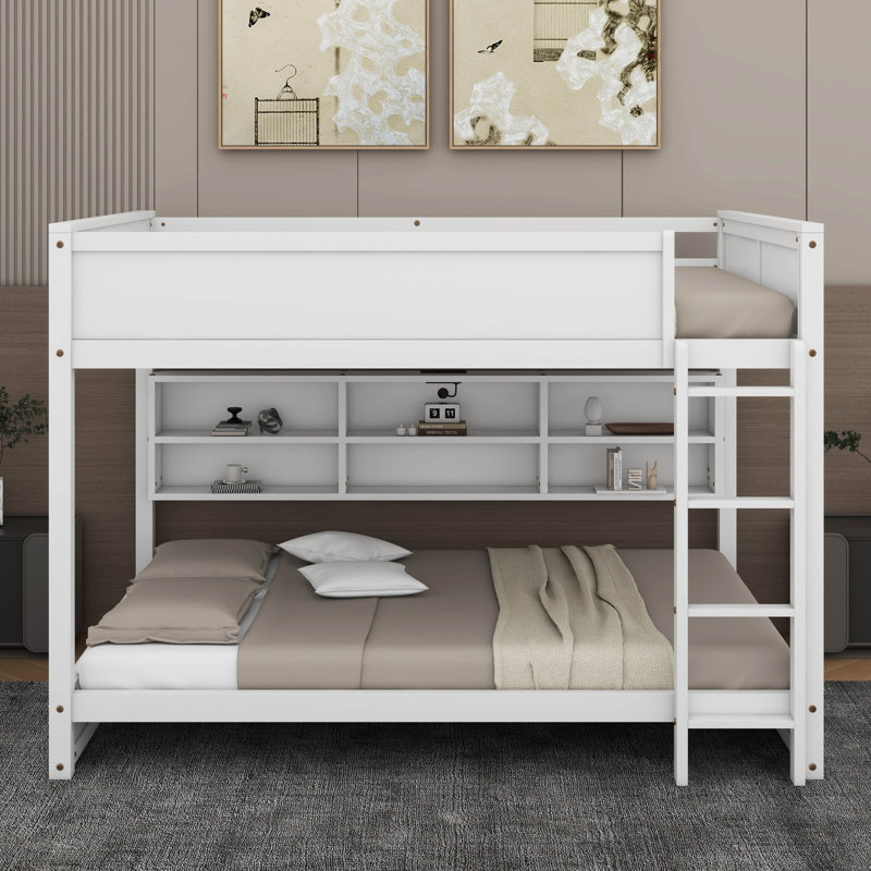 Queen Over Queen Bunk Bed With Storage Cabinets And Charging Station, White