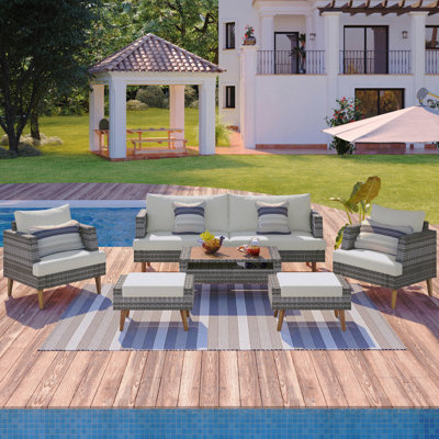 6-Pieces All Weather Pe Wicker Sofa Set, Outdoor Rattan Sofa With Double Cushions, Wood Legs Wood Table Top, Beige And Gray