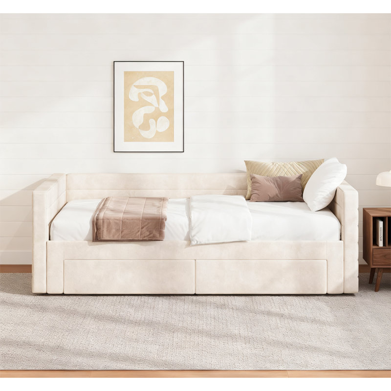 Structure de lit de jour extensible rembourrée avec couchette, Beige