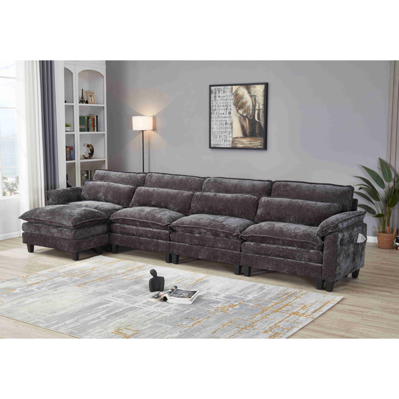 Canapé modulaire en L avec repose-pieds Luqi, Chenille noir, H 35,8 po x l 150,4 po x P 52,4 po