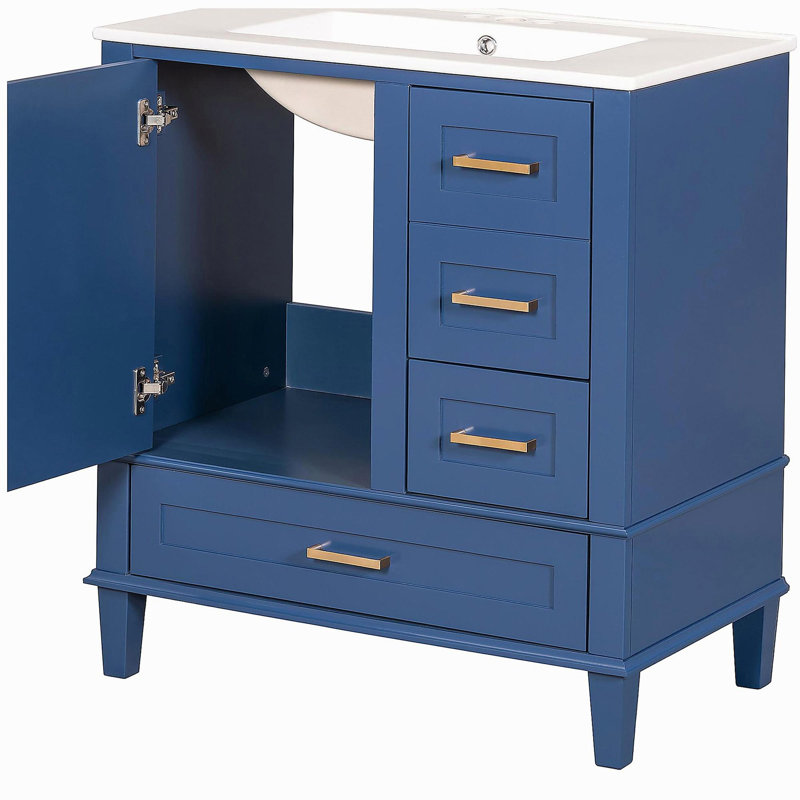 Meuble-lavabo de 30 pouces, armoire de salle de bain moderne avec ensemble de lavabo, armoire de rangement avec portes à fermeture douce et 3 tiroirs, structure en bois massif