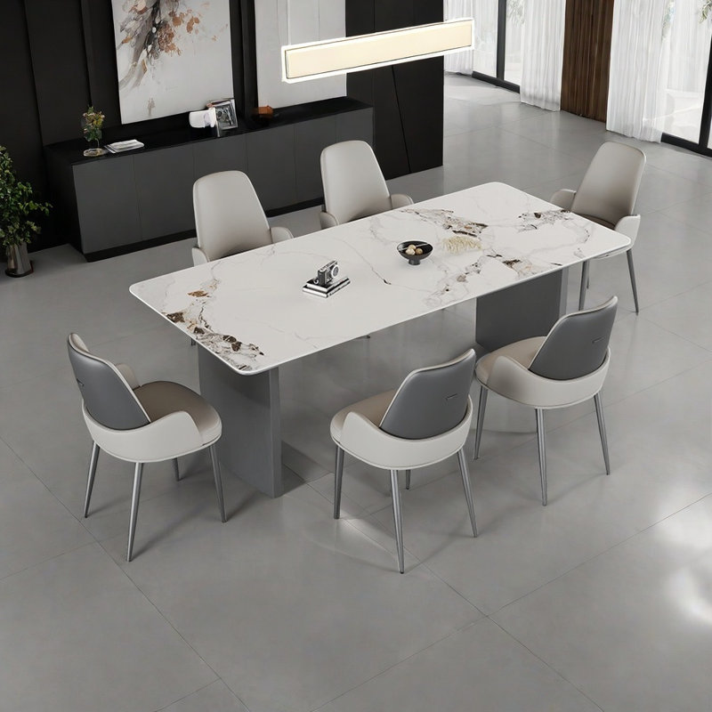 Gray Steel Base Solid Wood Rock Dining and Chairs, 29.52"H x 70.86"L x 35.43"W