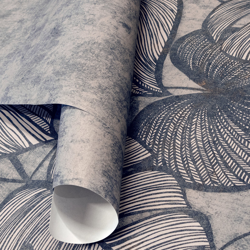 Thaler Large Monstera Leaf and Plain Twinwall 4-panel Mural Design 3m x 280cm, Navy/Silver