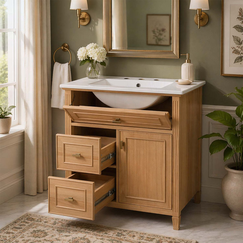 Meuble-lavabo de salle de bain avec lavabo, tiroir rabattable, deux tiroirs, tablette réglable