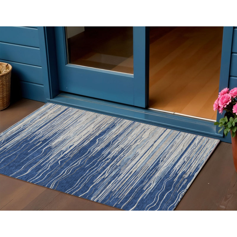 3' X 5' Navy Blue Gray And Ivory Striped Washable Indoor Outdoor Area Rug
