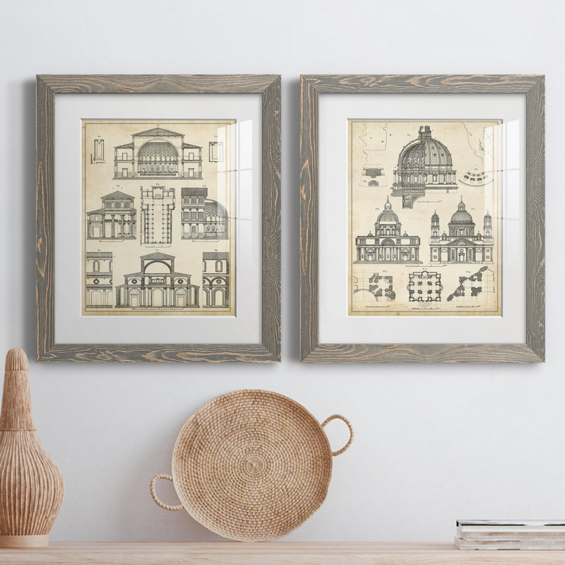 Vintage Architects Plan I - ensemble de 2 impressions encadrées, Papier encadré blanc, H 20 po x l 34 po x P 1,5 po