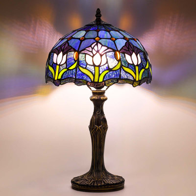 Tiffany Style Table Lamp Shade Purple Tulip Flower Reading Desk Light 12*12*19 Inches for Bedroom Study Living Room Office