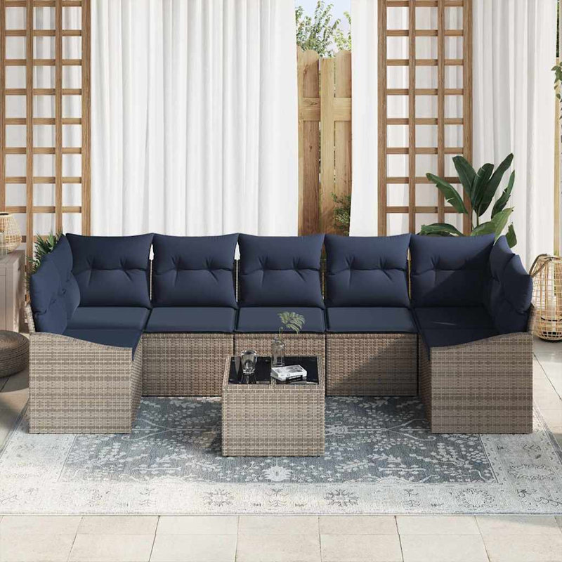  Ensemble de canapé avec coussin 8 pièces en rotin de polyester, Coussin bleu marine / structure grise