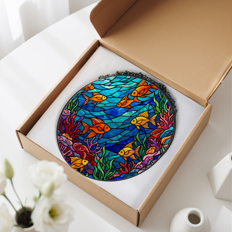 7.8"H Underwater Scene Stained Glass Window Panel, 7.8" H x 7.8" W