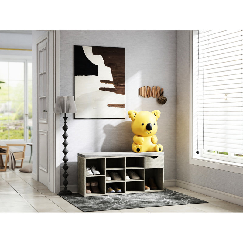 Banc à chaussures avec coussin et tiroir pour clés pour la laisse pour animaux de compagnie, 9 compartiments, bottes hautes à compartiments latéraux, panneau de particules gris, lunettes de soleil à clés multifonctionnelles 19,3 H, 10 compartiments, 11,8 W