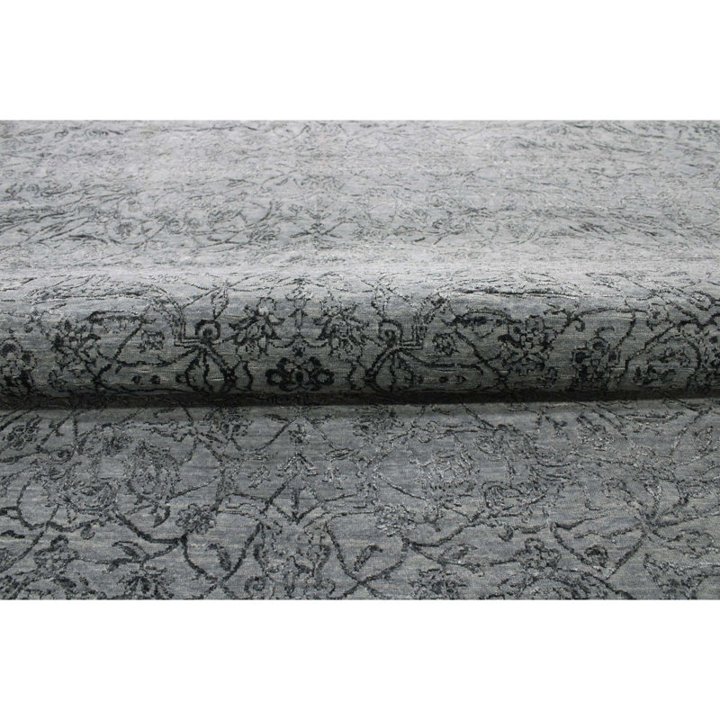 Hand Knotted Damask Area Rug in Charcoal/Blue, Rectangle 8' x 10'