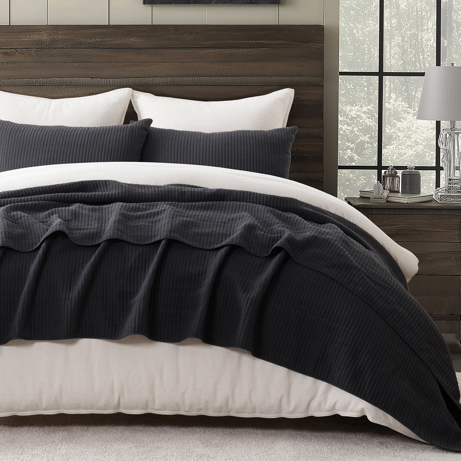 Ribbed Matelassé Cotton Coverlet Set, Queen Quilt + 2 Queen Shams, Washed Black