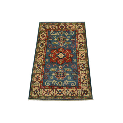 Tapis oriental en laine bleu tribal noué à la main 2 pi 9 po x 4 pi Kazak Kazak