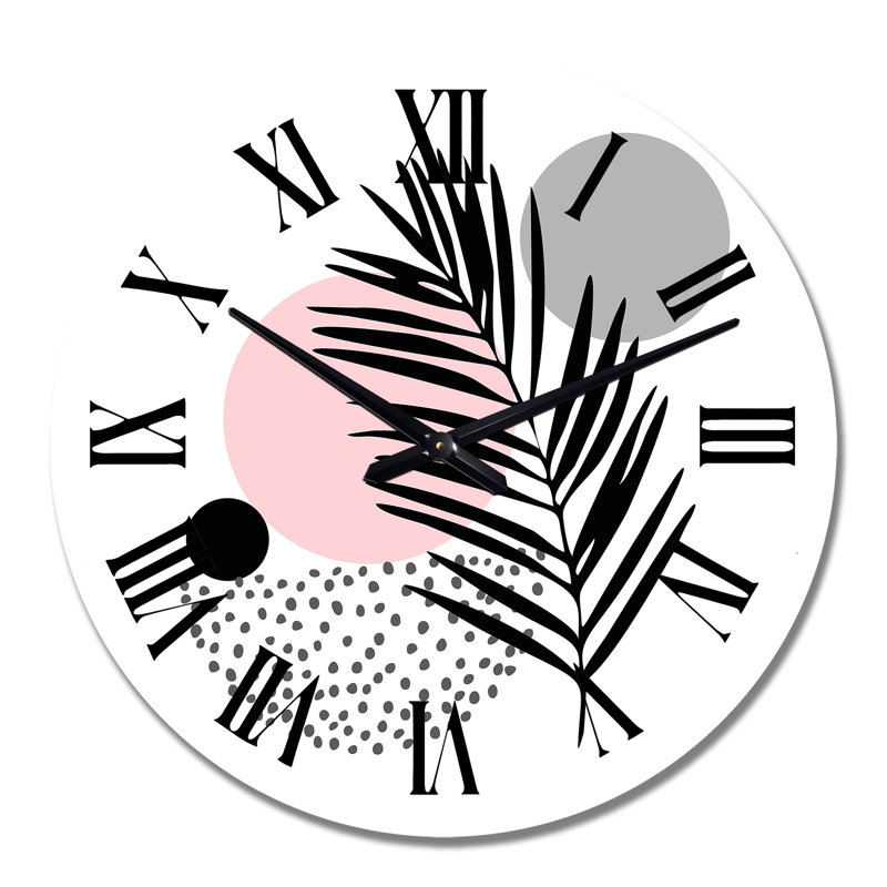 Lune rose abstraite avec feuille de palmier - horloge murale tropicale, Grand