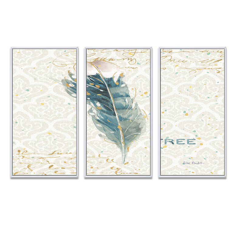 «Damask Painted Gilded Feather On Blue», peinture sur toile 3 pièces, H 32 po x l 48 po, Blanc