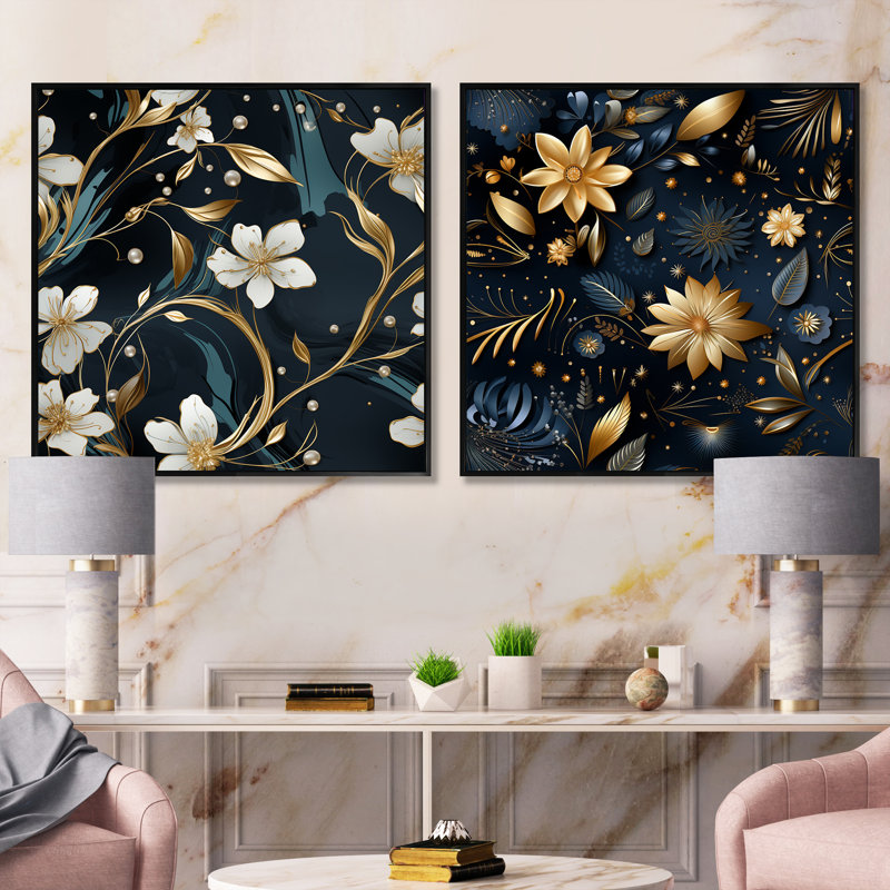 Therrien - Ensemble de 2 collages carrés botaniques abstraits, Cadre flottant noir, H 30 po x l 61 po
