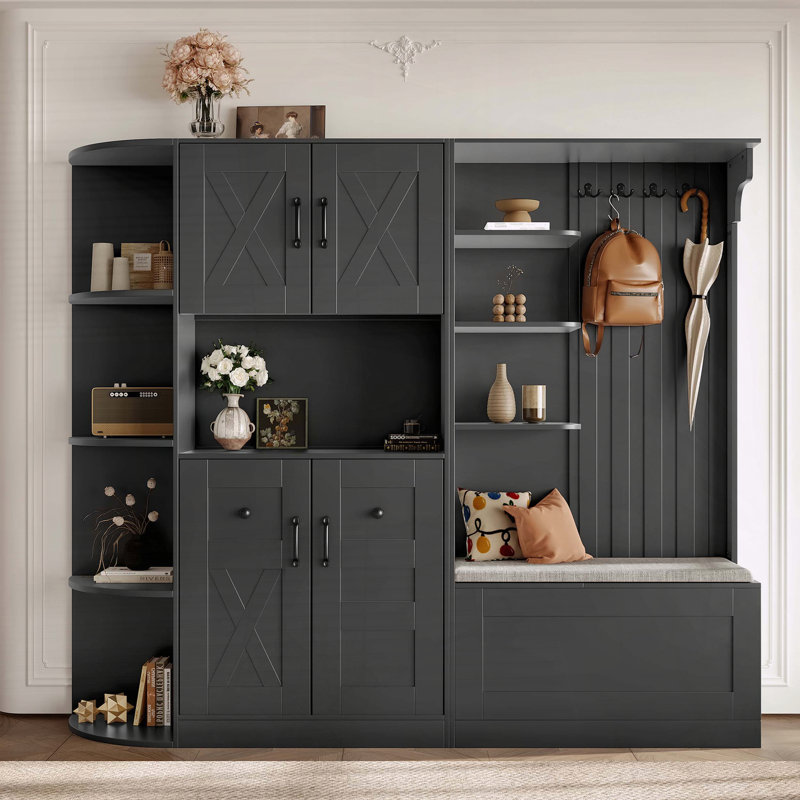 Armoire de vestibule multifonctionnelle avec rangement et crochets, Noir