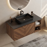 35.4" Brown Wood  Bathroom Single Vanity Black Ceramic Basin