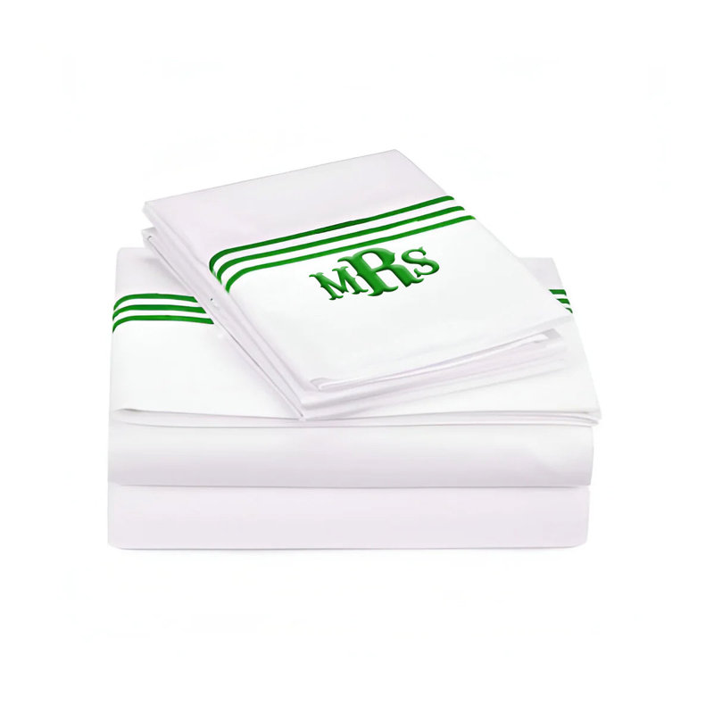 Monogram 400TC Triple Embroidery Sateen Solid Cotton Sheet Set, Twin Sheet Set, Yes, Green Border
