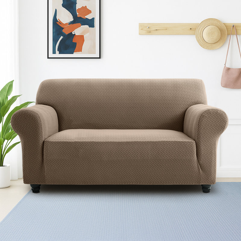 Jacquard Pattern Stretchable Spandex Sofa Slipcover - Stylish Sofa Protector, 179cm H x 224cm W - (2 Seater), Coffee/Sand
