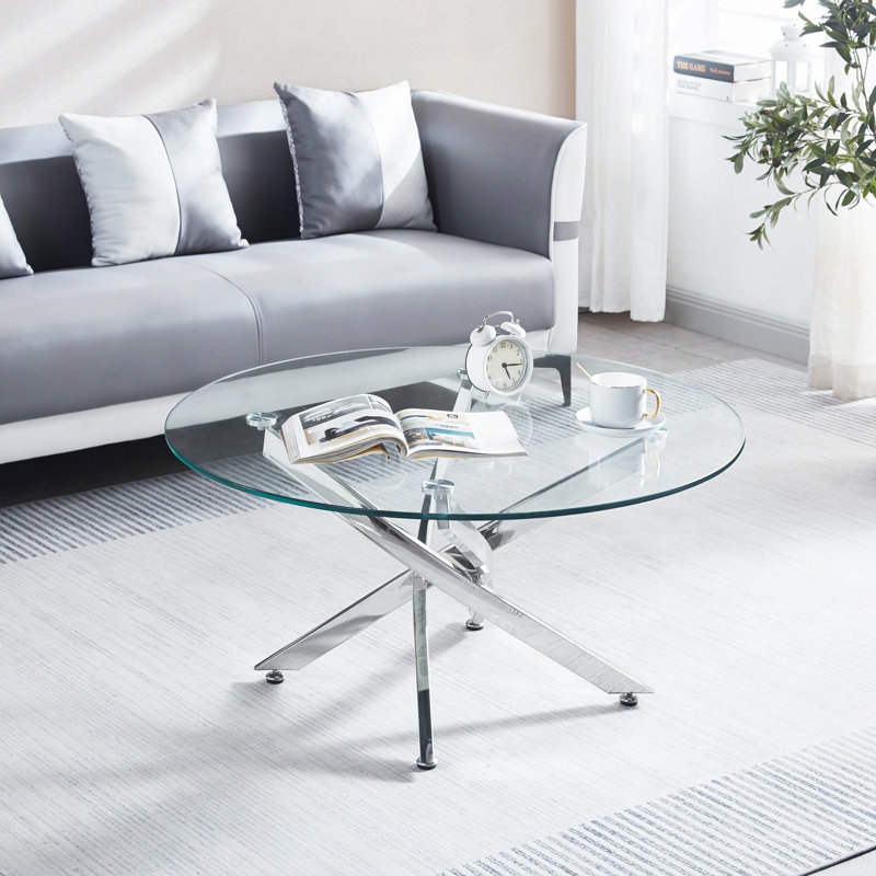 Table basse ronde moderne en verre trempé avec pieds chromés
