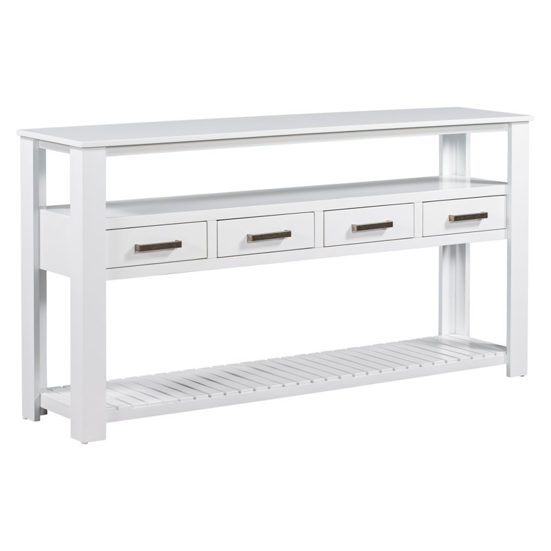 Console de 61,5 po avec 4 tiroirs, 3 tablettes ouvertes à 3 niveaux et poignées en métal, table de canapé polyvalente pour le couloir, la cuisine, le salon et la chambre à coucher