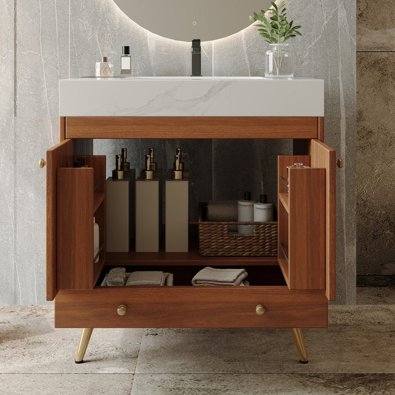 Meuble-lavabo sur pied de style Mid-Century avec dessus en faux marbre et lavabo en céramique, White