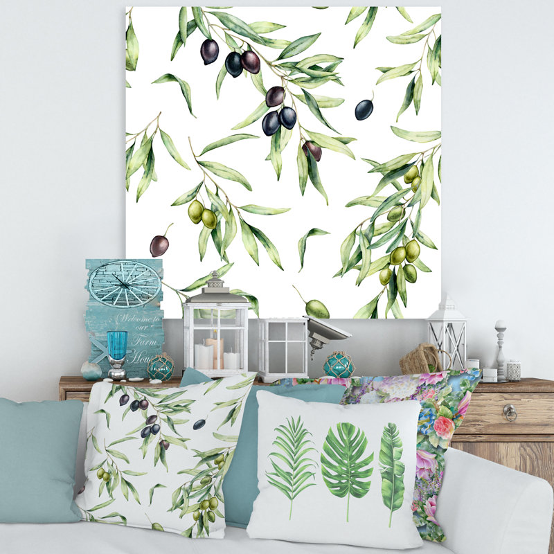 Olives vertes et noires avec branches et feuilles d'olivier - peinture sur toile tendue, H 30 po x l 30 po x P 1 po