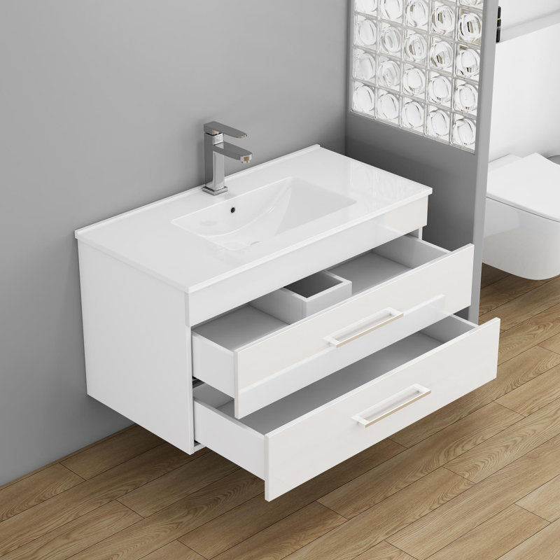 Meuble-lavabo mural 36 po avec tiroirs doubles 36 po, Blanc brillant / argent, 36"