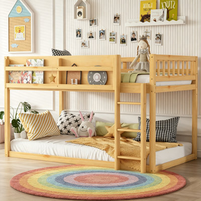 Low Bunk Bed with Storage Shelf ,Kids Floor Bunk Bed with Bookshelf and Safety Guard Rail & Convertible Loft Bed for Small Room Dorm, Natural, Twin Over Twin Size