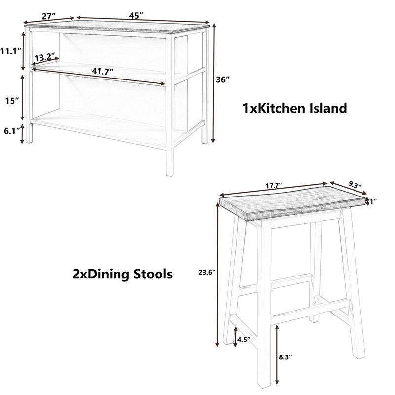 Solid Wood Rustic 3-Piece 45" Stationary Kitchen Island Set With 2 Seatings, Rubber Wood Butcher Block Dining Table Set Prep Table Set With 2 Open Shelves For Small Places