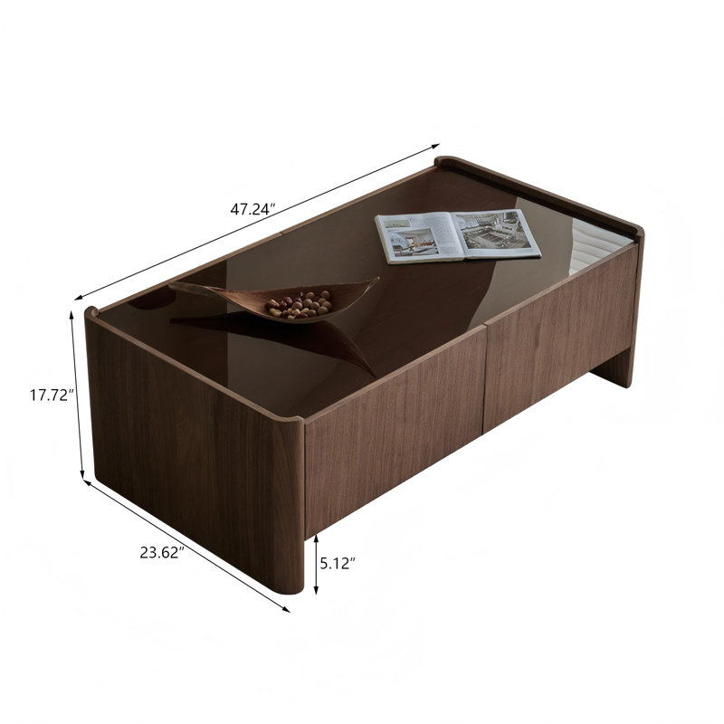 Table basse en bois manufacturé brun et verre trempé, H 17,72 po x L 47,24 po x l 23,62 po