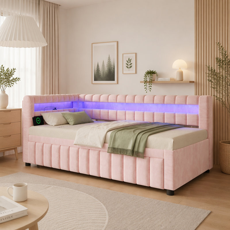 Lit de jour simple tapissier très grand avec très grand lit avec lumières DEL, ports USB et lit gigogne escamotable, Pink