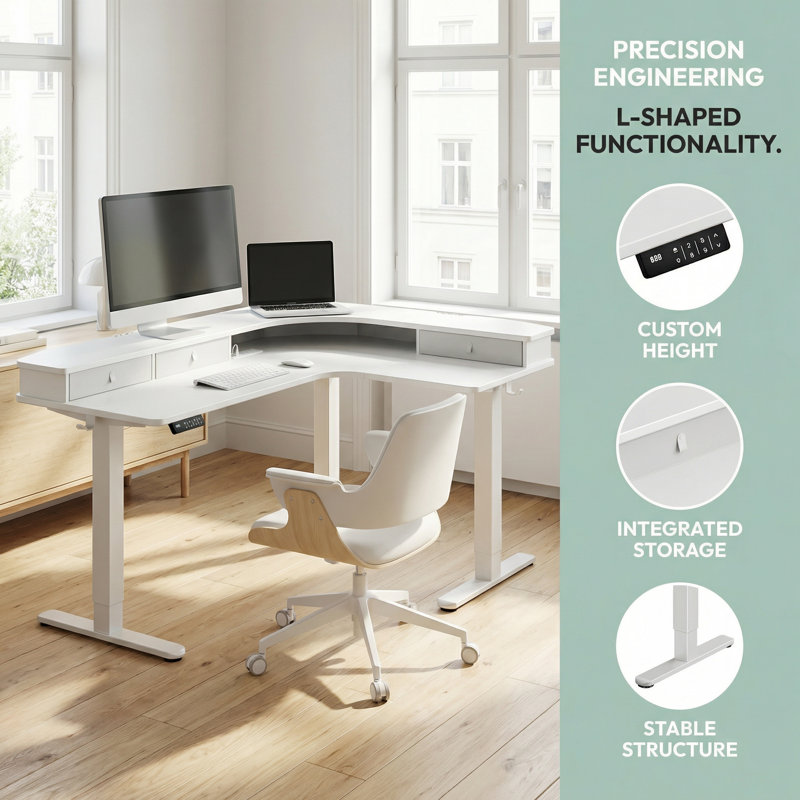 L Shaped Standing Desk,with 3 drawer storage spaces,Adjustable Height Electric Desk With Memory Controller, Ergonomic Large Computer Table with Left and Right Interchangeable Installation,Equipped with LED lights， 63 inch，White