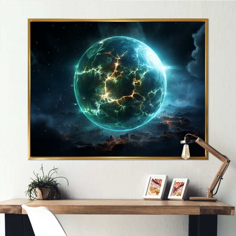 Vert et jaune, planète cosmique, art mural, H 30 po x l 40 po x P 1,5 po, Cadre d'angle fermé noir