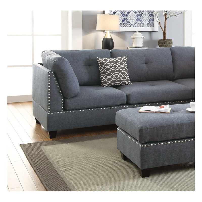 Ensemble de canapé modulaire en L 3 pièces avec méridienne réversible et repose-pieds, tissu gris-bleu clair