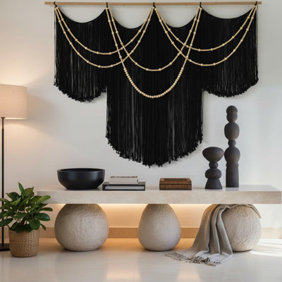 Art surdimensionné en macramé noir tissé à la main en fibre de coton