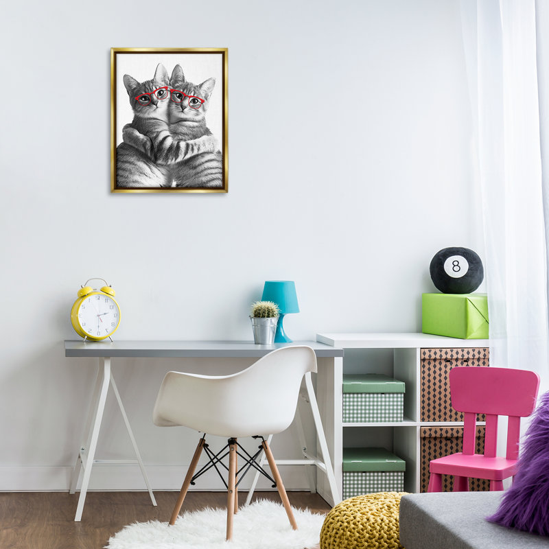 Art mural sur toile flottant, "Chat paire avec lunettes" par Annalisa Latella, Cadre flottant métallique doré