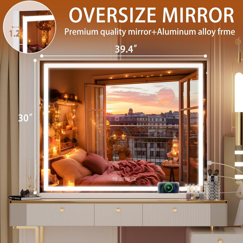 Miroir de maquillage 40 po x 29,5 po à DEL avec haut-parleur Bluetooth, 3 modes de couleur à intensité variable, port de charge USB, écran tactile, fixation murale ou de table, finition blanche