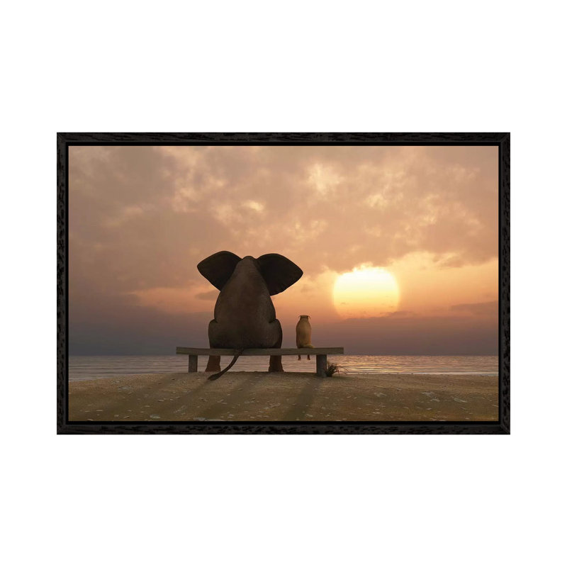 Elephant and Dog Sit on a Summer Beach at Sunset 1 Piece Wrapped Canvas Wall Art, 101.6 cm H x 66.04 cm W