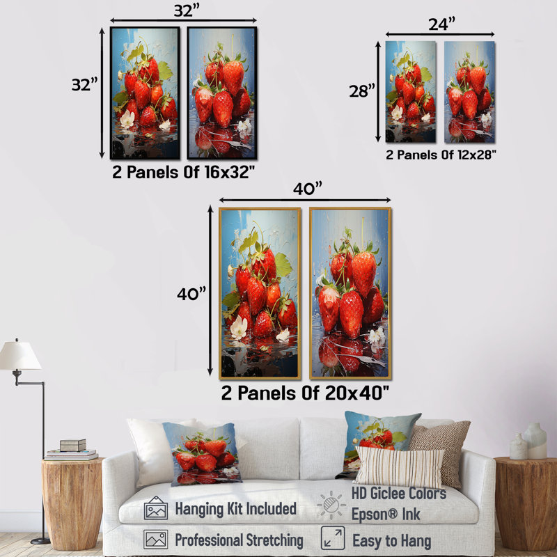 Ensemble de 2 décorations écarlates à motif de fraises - fruits, Encadrement brun, H 40 po x l 41 po