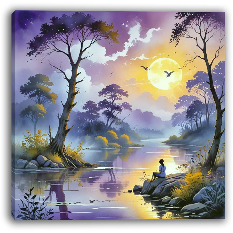 Art mural sur toile Moonlit Serenity: Riverside Evening, H 12 po x l 12 po x P 1 po